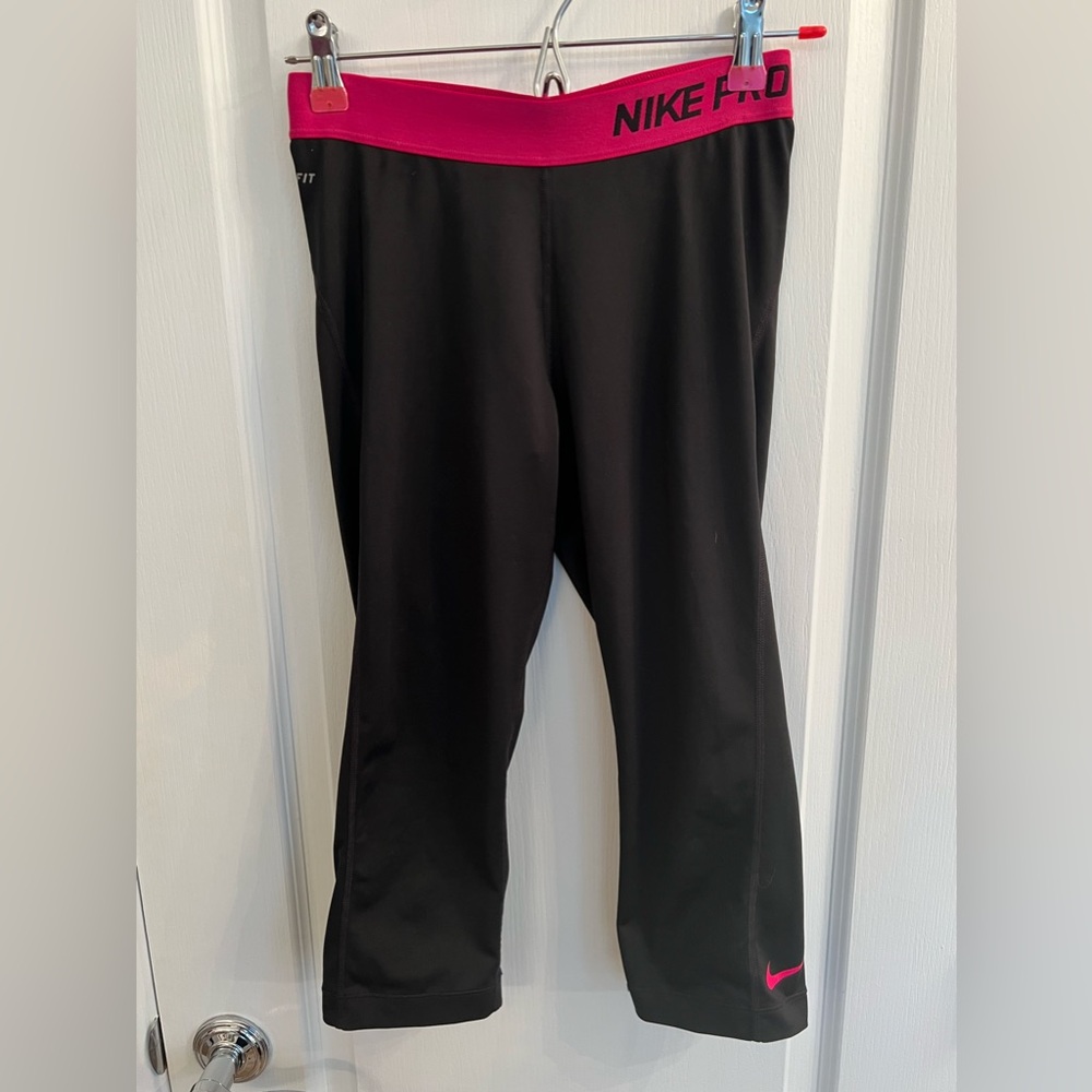 Womens Nike Pro Dri Fit Black / Pink Tights Running Size Medium M / 18 In Inseam